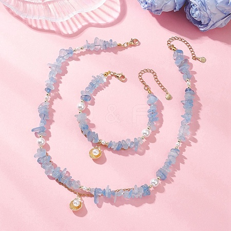 Natural Aquamarine Chips Beads Necklaces & Bracelets Sets for Women SJEW-JS01372-01-1