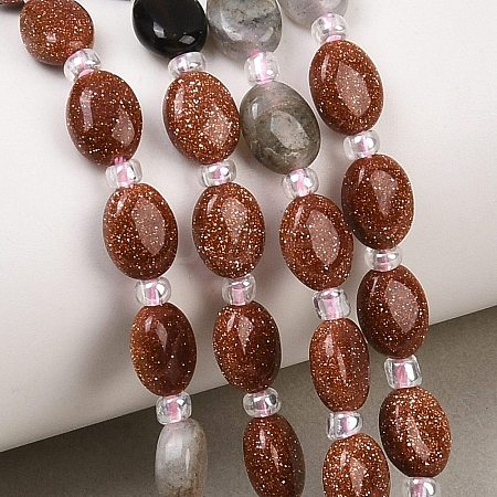 Cherry Quartz Glass & Natural Labradorite & Synthetic Goldstone & Obsidian Beads Strands G-Z135-A04-1