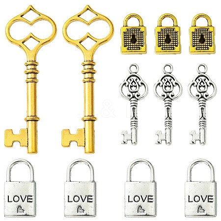 8Pcs 4 Styles Tibetan Style Alloy Skeleton Key Lock Pendants FIND-FS0002-11-1