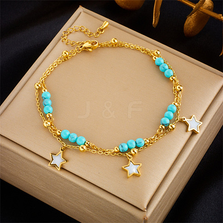 304 Stainless Steel & Round Synthetic Turquoise & Natural Shell Charm Double Layer Anklets FS-WGEF8AA-06-1