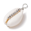 Natural Cowrie Shell Copper Wire Wrapped Round Brass Beads Pendants PALLOY-JF02938-05-3