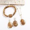 Oval Alloy with Natural Picture Jasper Pendant Necklaces & Beaded Bracelets & Dangle Earrings Sets WGD3DFC-04-1