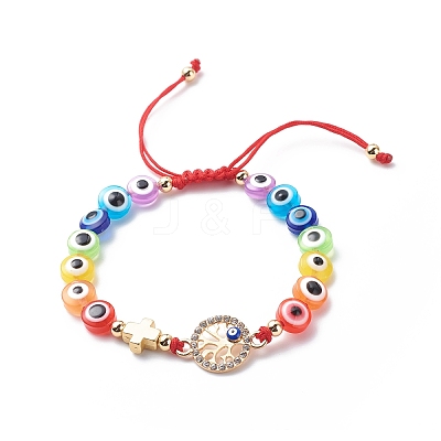 Evil Eye Resin Bead & Eye/Hamsa Hand/Flat Round Alloy Rhinestone Braided Beaded Bracelets for Girl Women BJEW-JB08742-1