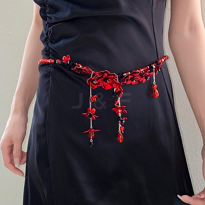 Glass with Acrylic Flower Tassel Waist Belly Chains for Women FS-WG85543-01-1