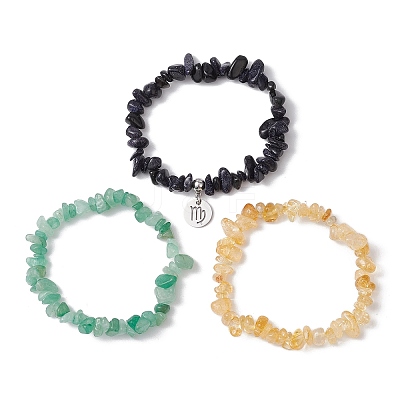 3Pcs 3 Styles Natural Citrine & Green Aventurine & Synthetic Blue Goldstone Chips Stretch Bracelets Sets BJEW-JB11076-08-1
