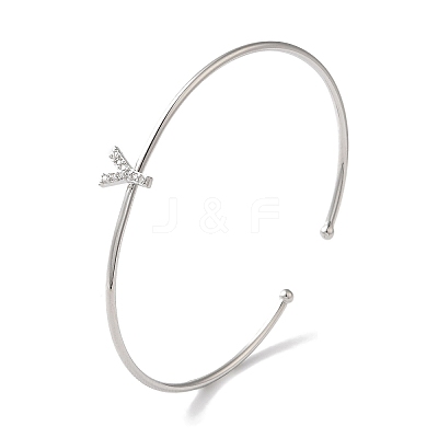 Rack Plating Brass Micro Pave Clear Cubic Zirconia Letter Open Cuff Bangles BJEW-A018-01P-Y-1