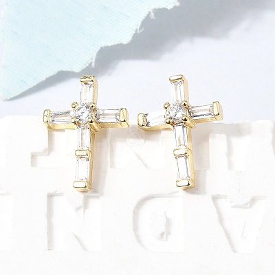 Cross Brass Micro Pave Clear Cubic Zirconia Stud Earrings EJEW-C186-18G-02-1