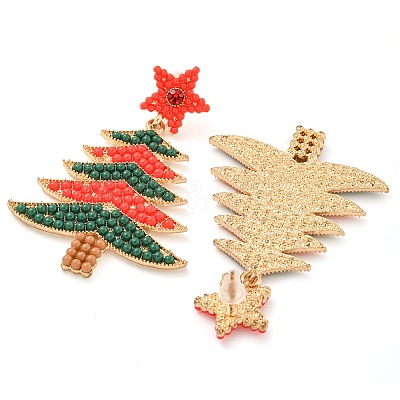 Christmas Tree Alloy & Acrylic Beaded Dangle Stud Earrings for Women EJEW-G406-01G-02-1