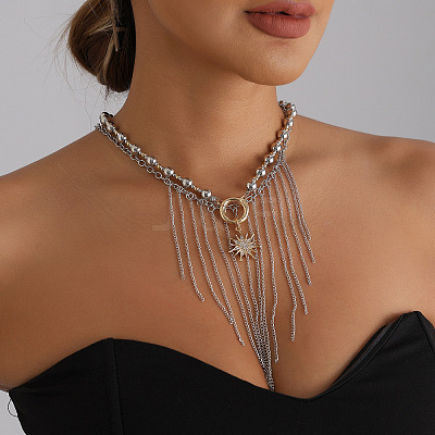 Two Tone Alloy Sun and Chain Tassel 2-Strand Bib Necklaces with CCB Plastic Beads for Women WG233F9-01-1