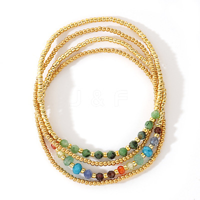 4Pcs Luxury Natural Unakite Round Beads & Moonstone & Lapis Lazuli & Malaysia Jade & Glass & Cubic Zirconia & Purple Garnet & Red Garnet & Glass Seed Beads Stretch Bracelet Set for Women AP3962-1-1