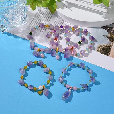 Nuggets Natural Amethyst Stretch Beaded Bracelets BJEW-H546-01-1