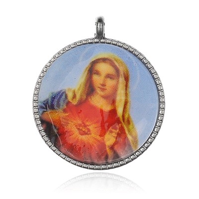 Virgin Mary Pattern Flat Round Alloy Pendants PALLOY-F061-01P-1