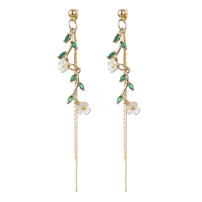 Leaf with Flower Brass Micro Pave Cubic Zirconia Tassel Stud Earrings EJEW-JE06456-1