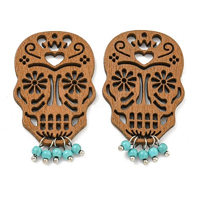 Laser Cut Poplar Wood Pendants Skull Charms with Dyed Synthetic Turquoise FIND-G073-05-1