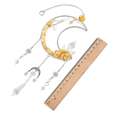 Moon Natural Topaz Jade & 304 Stainless Steel & Brass Suncatchers HJEW-TA00488-03-1