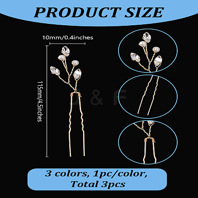 3Pcs 3 Colors Brass Rhinestone Hair Forks MRMJ-LP0001-06-1