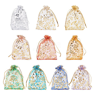50Pcs 10 Colors Rose Printed Organza Drawstring Bags OP-TA0001-15B-1