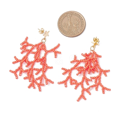 Star with Coral Handmade Glass Seed Beads Tassel Stud Earrings EJEW-MZ00472-01-1