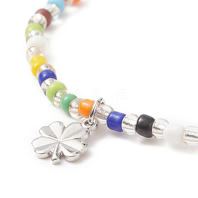 Colorful Seed Beaded Stretch Bracelet with Brass Charms for Women BJEW-JB09218-02-1