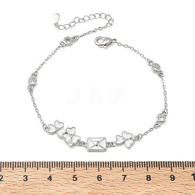Brass Pave Clear Cubic Zirconia Clover Envelope Link Bracelets KK-CBA6980-18P-1