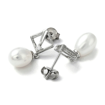 Anti-Tarnish Cubic Zirconia Rhombus with Natural Pearl Dangle Stud Earrings EJEW-F318-19P-1