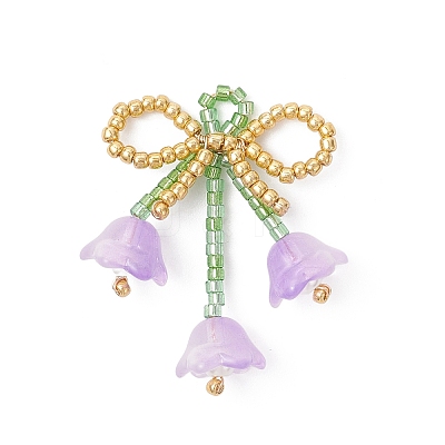 Glass Seed Beaded Bowknot with Flower Pendants PALLOY-MZ01129-05-1