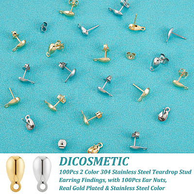 100Pcs 2 Color 304 Stainless Steel Teardrop Stud Earring Findings STAS-DC0009-67-1