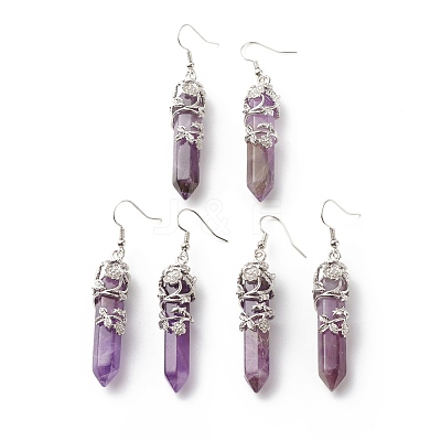 Gemstone Bullet with Flower Dangle Earrings EJEW-G300-02P-1
