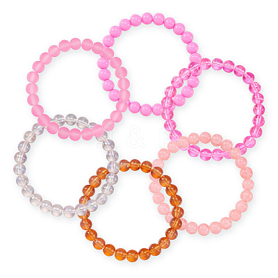 6Pcs 6 Styles 8mm Glass Round Beaded Stretch Bracelet Sets BJEW-TAC0023-1