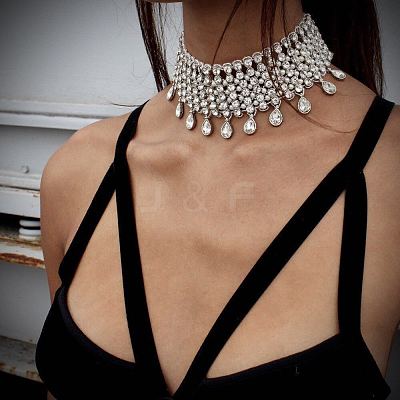 Alloy Full Crystal Rhinestone Teardrop Tassel Choker Necklaces for Women FS-WGE797D-02-1