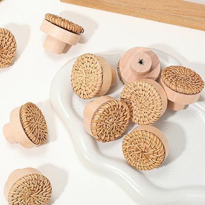 Rattan Woven & Wood Round Drawer Knobs DIY-WH20410-01A-1