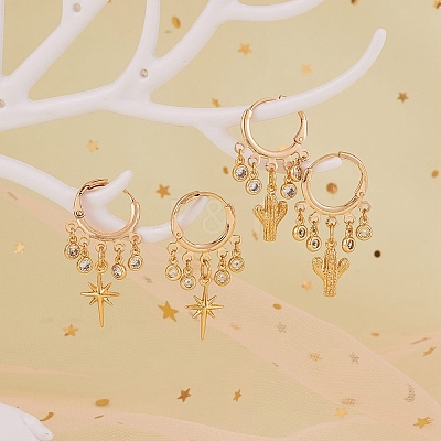 Cactus Brass Dangle Huggie Hoop Earrings EJEW-SW00001-05-1