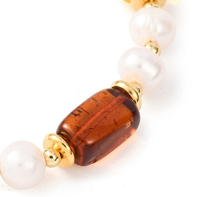 Adjustable Brass Cable Chains & Natural Cultured Freshwater Pearl & Amber Beads Slider Bracelets for Women BJEW-JB13325-1