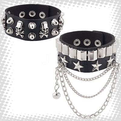 2Pcs 2 Styles Punk Style Imitation Leather Bangles BJEW-CL0001-04B-1