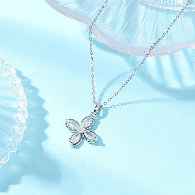 Flower Brass Pave Clear Cubic Zirconia Pendant Necklaces NJEW-JN05287-1