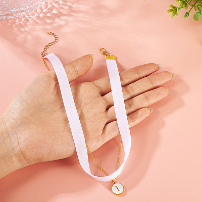 Alloy Enamel Letter Pendant Single Face White Velvet Ribbon & Brass Chain Double Layered Choker Necklaces NJEW-TAC0035-1