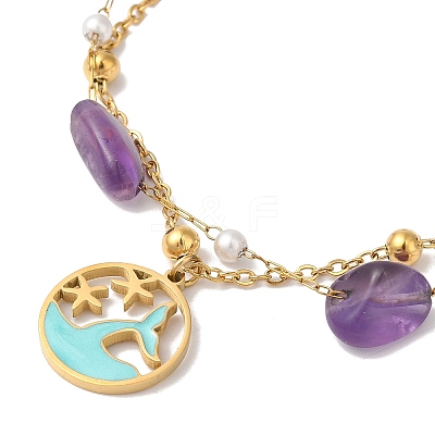 Nuggets Natural Amethyst & Imitation Pearl Multi-Strand Anklets BJEW-P326-03B-G-1