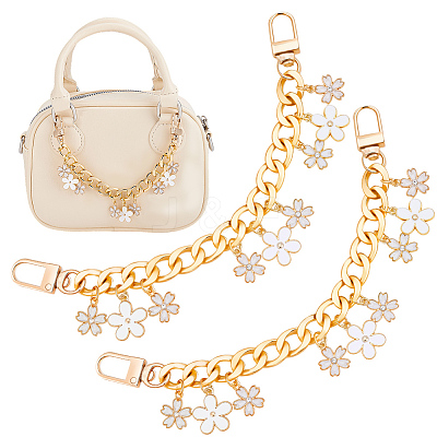 2Pcs Alloy Enamel White Flower Pendant Aluminum Curb Chain Bag Decorative Chains HJEW-BBC0001-36-1