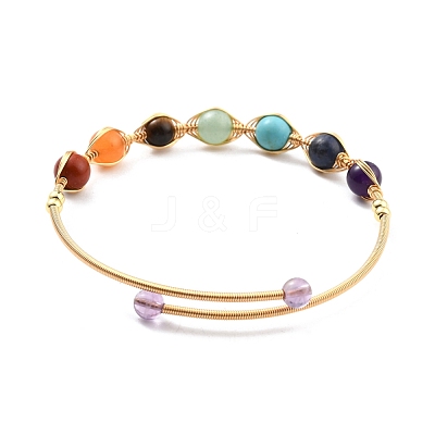 Natural Mixed Stone Wrapped Cuff Bangle BJEW-A122-06-1