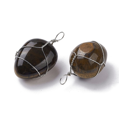 Natural Tiger Eye Copper Wire Wrapped Pendants G-C110-06C-P-1