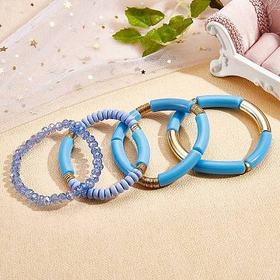 4Pcs 4 Style Acrylic Chunky Curved Tube Stretch Bracelet Sets BJEW-SW00074-03-1