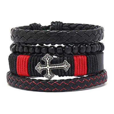 4Pcs 4 Styles Wood Beads Stretch Braceletas & Alloy Artificial Leather Cord Bracelet Sets for Men FS-WG9743B-09-1