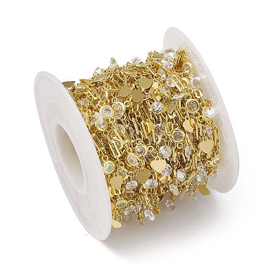 Brass Rectangle & Cubic Zirconia Flat Round Link Chains CHC-P010-02G-1