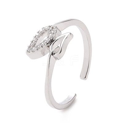 Clear Cubic Zirconia Hollow Out Leaf Open Cuff Ring RJEW-H127-38P-1