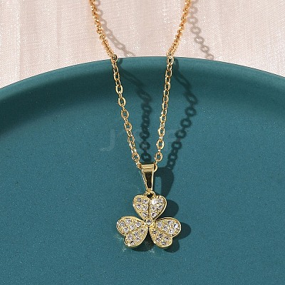 Brass Micro Pave Clear Cubic Zirconia Pendant 304 Stainless Steel Chain Necklaces for Women NJEW-D341-12B-G-1