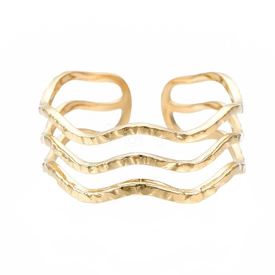 304 Stainless Steel Triple Line Wave Open Cuff Ring RJEW-T023-02G-1