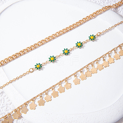Alloy Green Enamel Flower Tassel 3 Layer Anklets for Women FS-WG5D6F4-01-1