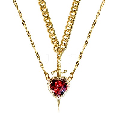 2Pcs Sword & Heart Zinc Alloy Light Siam Rhinestone Pendant Double Layer Necklaces for Women FS-WG484C5-01-1