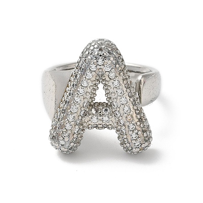 Letter Brass Micro Pave Clear Cubic Zirconia Open Cuff Ring for Women RJEW-N046-03A-P-1