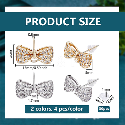 4 Pairs 2 Colors Rack Plating Brass Micro Pave Clear Cubic Zirconia Earring Findings KK-BC0015-27-1
